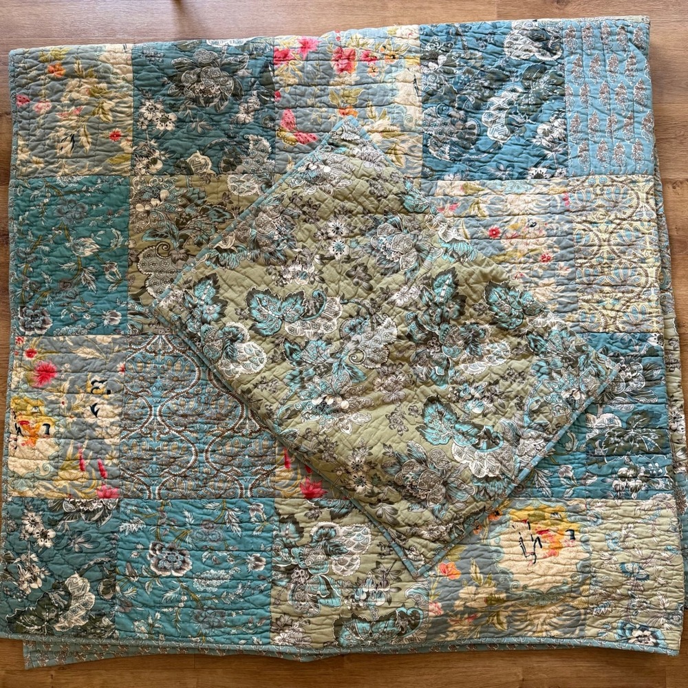 Pottery Barn Full Quilt Sham Set Blue Floral Patchwork Reversible Cotton Bedding